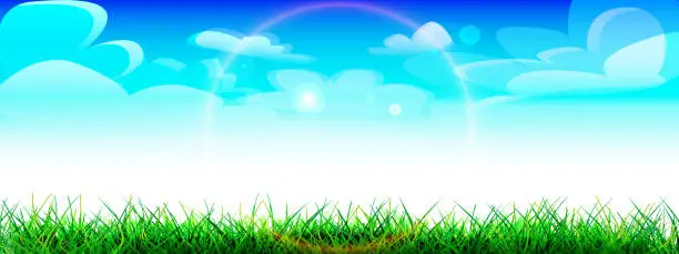 Vector illustration of Spring-summer meadow, a field with young greenery against the backdrop of a sunny, clear sky. Sunny fresh landscape.