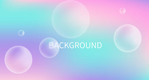 Gradient Background with Bubbles. Bright Rainbow Gradient Banner with 3D Spheres. Glass morphism Circles. Abstract background in glass morphism style. Soap bubbles. Ideal for banner, web, poster, ad.