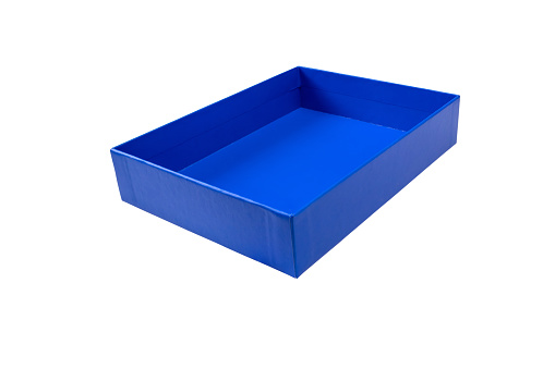 Blue cardboard box isolated on white. Open gift box. Rectangular empty paper container isometric view.