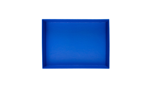 Blue cardboard box isolated on white. Open gift box. Rectangular empty paper container top view.