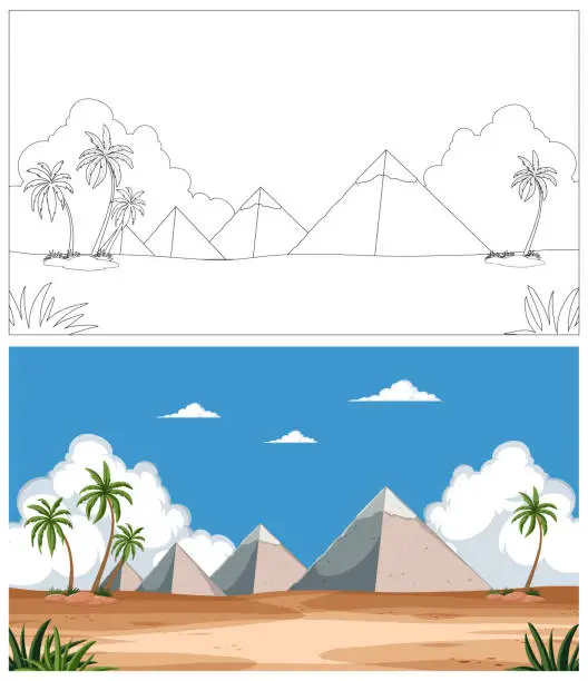 Vector illustration of Colorful and outlined desert scenes with pyramids