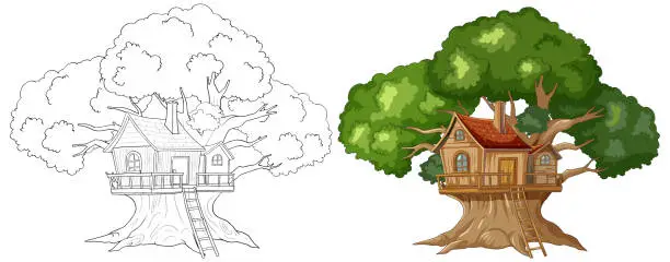 Vector illustration of Vector illustration of a treehouse, colored and outlined