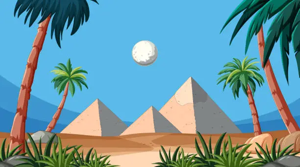 Vector illustration of Vector illustration of pyramids with moon and palms