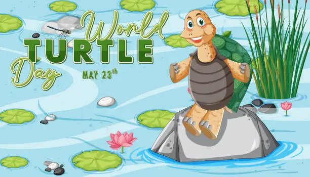 Vector illustration of Cheerful turtle on a rock celebrating World Turtle Day