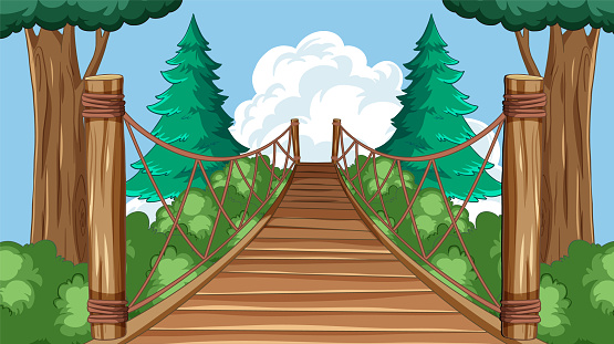 Cartoon of a wooden bridge in a lush forest