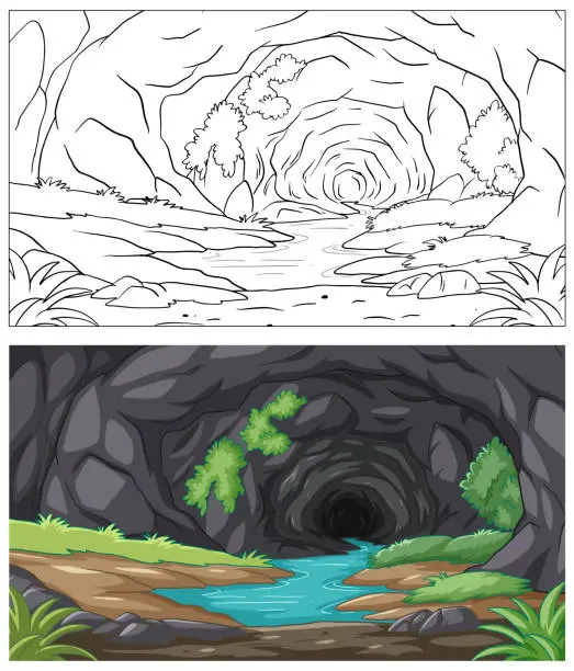 Vector illustration of Two stylized illustrations of mystical forest tunnels.