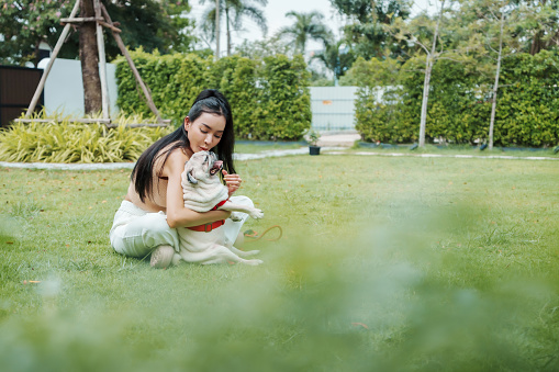 Affectionate Asian Woman Kissing a Happy Pug dog on the Nose in a Serene Garden Setting