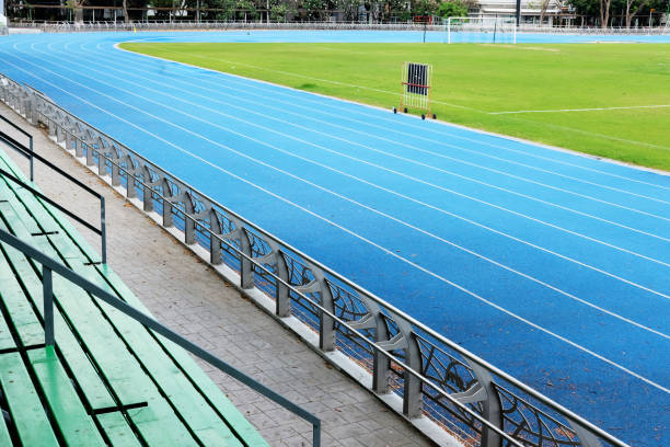 Sunny . sport stadium with crowds of people at the background. On behind the stadium are green trees. The image was made in 3d.