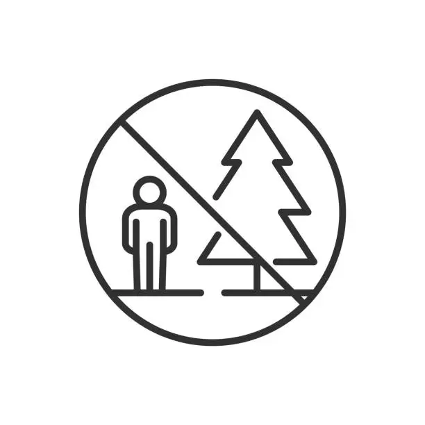 Vector illustration of Do not stand near tall trees, linear icon. Rule of behaviour in emergency situations. Earthquake, fire, thunderstorm and hurricane. Line with editable stroke