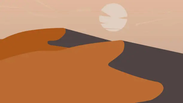 Vector illustration of A flat landscape featuring desert sand, mountains with the moon. Desert landscape illustration.
