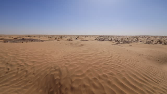 Expansive view of sandy Jebil desert under a clear blue sky in Tunisia, wide-angle shot
