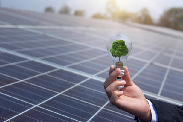 istock Businessman holding a solar panel light bulb Intelligent electrical system concept to produce sustainable, safe, highly efficient and environmentally friendly resources. 2088141812