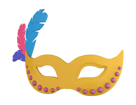 3D illustration render of a bright colored carnival mask with feathers on white background