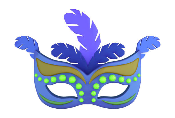 Venice, Italy - February 11, 2024: Elegant person wearing a shiny blue costume, a wide-brimmed hat, and a mask with decorations is posing in St. Mark's Square during the Venice Carnival