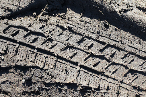 Heavy machinery imprint. Dried mud vehicle wheel shape.