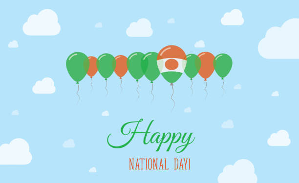 Niger Independence Day Sparkling Patriotic Niger Independence Day Sparkling Patriotic Poster. Row of Balloons in Colors of the Nigerian Flag. Greeting Card with National Flags, Blue Skyes and Clouds. niger state stock illustrations
