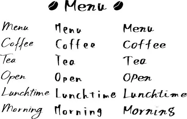 Vector illustration of Menu text. Cafe characters. A font set for coffee shops and bars.