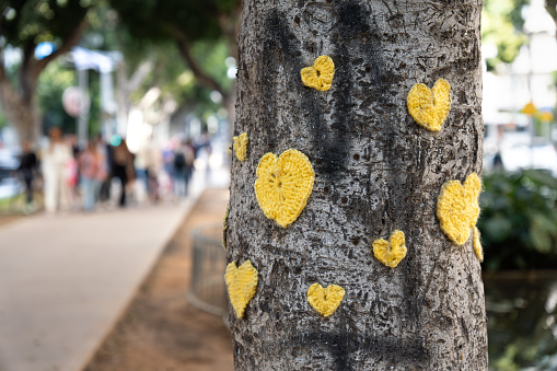 Tel Aviv, Israel - March 15, 2024. Knitted woolen hearts on a tree trunk on the Rothschild boulevard in Tel Aviv as reminder of the hostages kidnapped by Hamas on October 7, 2023. Bring Them Home action