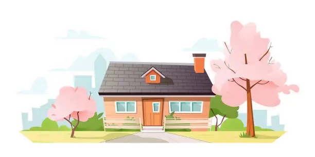 Vector illustration of Beautiful house amidst the pink flowering cherry trees