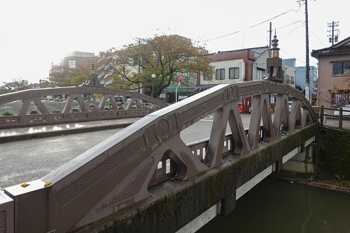 The reconstruction bridge on Ninja Hattori-kun Road over the Minato River in Himi City, Toyama Prefecture, on a sunny day in October 2023.