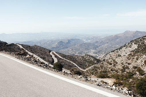 Winding road in Psiloritis mountain range, Crete, Greece.