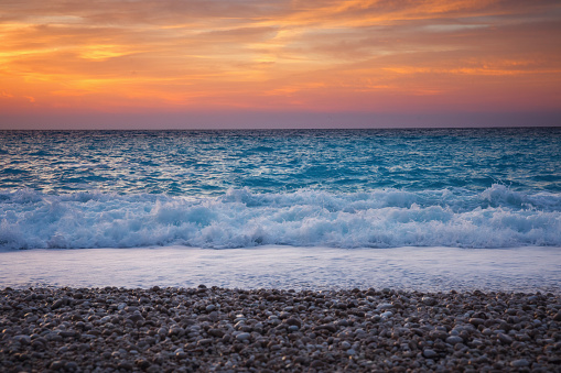 Famous Myrtos beach in Kefalonia island at sunset.