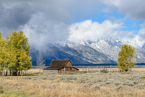 Mormon Row Historic District at Antelope Flats in Grand Teton National Park during autumn in Wyoming