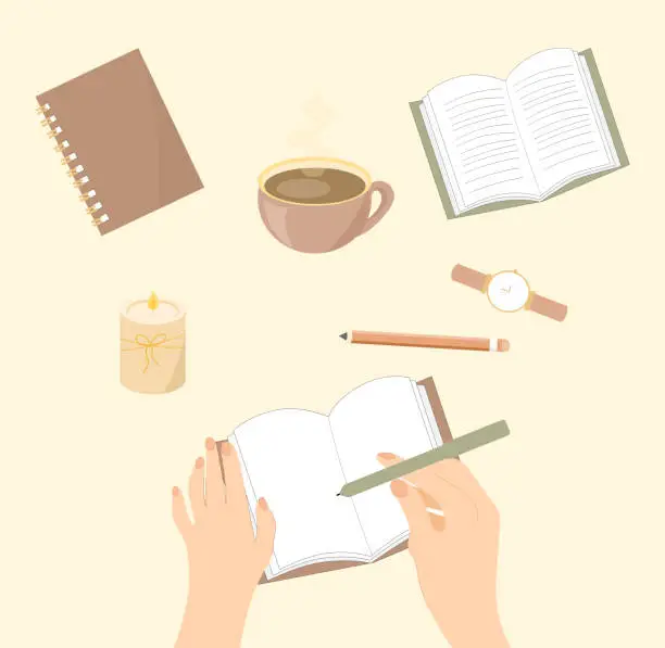 Vector illustration of Female hands hold a pen and writing.