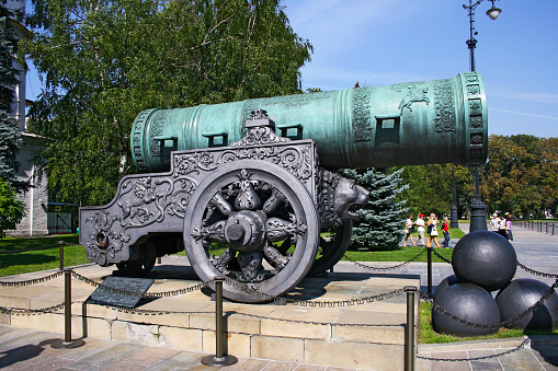 Moscow, Russia - August 12, 2007:  Tsar Cannon in Moscow Kremlin. Famous monument Tsar-pushka or Tsar-cannon in Kremlin park