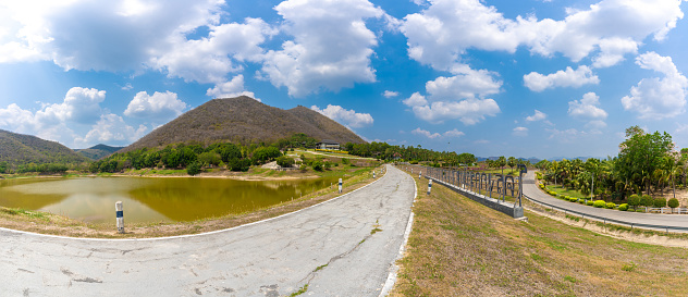 Petchaburi, Thailand - March 11, 2024 : Chang Hua Mun Royal Initiative Project historical places important to Thailand, Eco-tourism attractions, Panorama view of Petchaburi landmark for travel