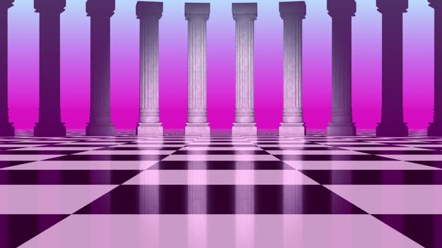 Aesthetic landscape with colonnade of white pillars with surreal black and white checkered floor. 90s or 80s styled vaporwave background with pastel pink and blue sunset colors. Eighties vinrage style