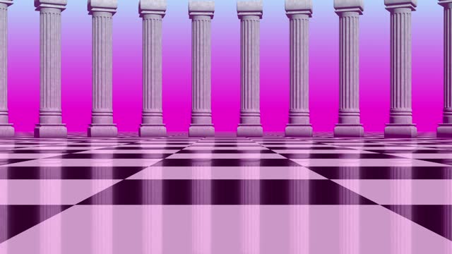 Aesthetic landscape with colonnade of white pillars with surreal black and white checkered floor. 90s or 80s styled vaporwave background with pastel pink and blue sunset colors. Eighties vinrage style