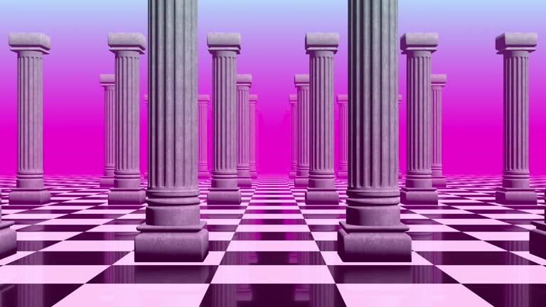 Aesthetic landscape with colonnade of white pillars with surreal black and white checkered floor. 90s or 80s styled vaporwave background with pastel pink and blue sunset colors. Eighties vinrage style