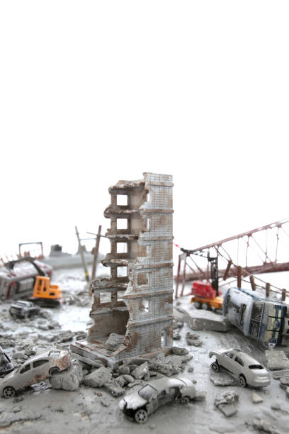 A diorama of a city destroyed by disaster or war and people wandering around.