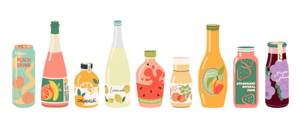 ilustrações, clipart, desenhos animados e ícones de bebidas frias em garrafas de vidro e pode definir. sucos de frutas, água com gás, água com gás doce, limonadas e outras bebidas frias de verão. ilustra�ção plana desenhada à mão do vetor em um fundo branco. - packaging horizontal non alcoholic beverage orange juice