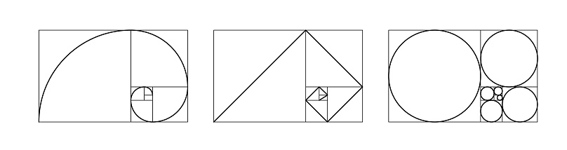 Golden ratio template. Harmony proportions outline template composition balance. Grid fracted on squares, circles and with logarithmic spiral.