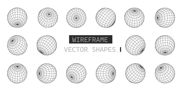 Globe grid spheres. Wireframe 3D spheres geometry globe grid. spherical grid globe shapes isolated