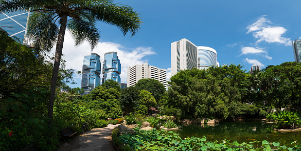 Panorama of bustling city park in Hong Kong with a large lake, filled with lush trees and plants, as people stroll under a beautiful sky with towering skyscrapers in the background. A picturesque scene of Hong Kong Park, showcasing lush greenery, tranquil ponds, and iconic architecture