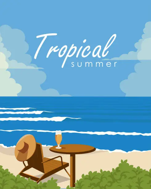 Vector illustration of Tropical beach, summer time, sea, ocean. Poster, banner, postcard, cover design