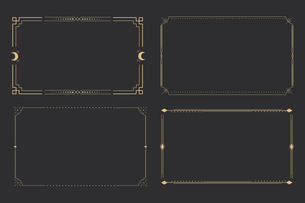 illustrazioni stock, clip art, cartoni animati e icone di tendenza di line golden frame, celestiam minimal esoteric border, mystyc linear decoration with dots, corners isolated on dark background. geometric shape, tarrot . vector illustration - caratteristica architettonica immagine