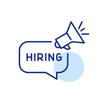Speech bubble with word hiring and megaphone. Job opportunity alert. Pixel perfect, editable stroke vector icon
