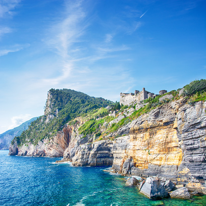View at the Byron's Grotto in Portovenere, Italy. Composite photo