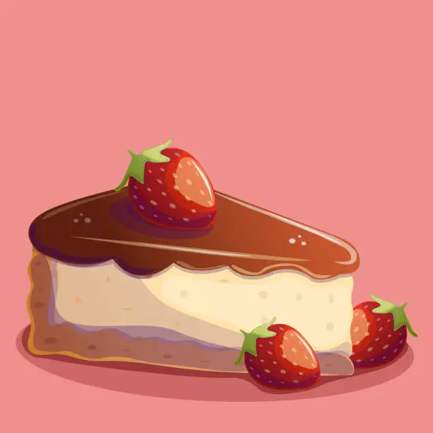Vector illustration of A piece of strawberry cheesecake with chocolate. Cake isolated vector illustration