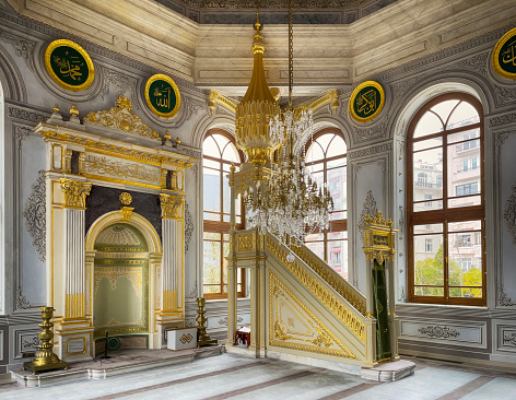 3d scene of a classic style room with golden moldings and marble floor