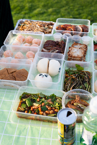 A table is adorned with a full tray of Chinese delicacies ready for picnic, including prepackaged meals, an assortment of vegetables, and various other dishes, making for a delicious and satisfying lunch display. Steamed buns, baozi, roasted duck, cucumber salad and many more