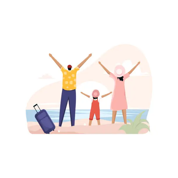 Vector illustration of Father, Mother and daughter spread both hands on the beach, Family on beach vacation, travel around the world