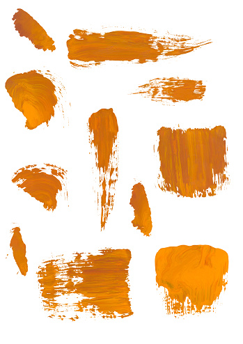 Set collection of orange-brown stripes brushes in motion on white isolated background. Abstract ink brush strokes grunge