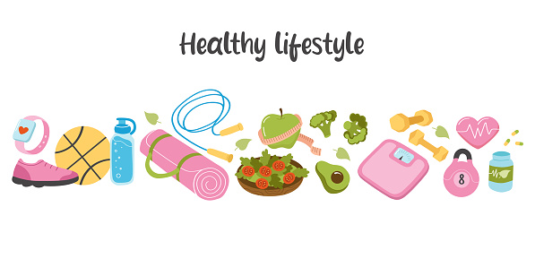 Healthy lifestyle concept. Sports equipment, healthy eating, scales. Horizontal composition of multi-colored elements on a white background.