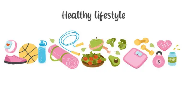 Vector illustration of Healthy lifestyle concept. Sports equipment, healthy eating, scales. Horizontal composition of multi-colored elements on a white background.