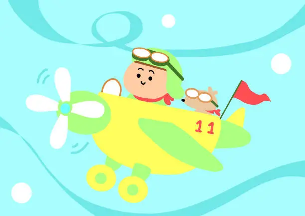 Vector illustration of Flying Pilot boy cartoon style.